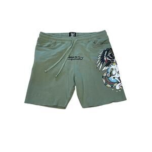 Ed Hardy Men’s Sweat Shorts Sage Size Large - “Eagle Snake Battle Skull” Graphic